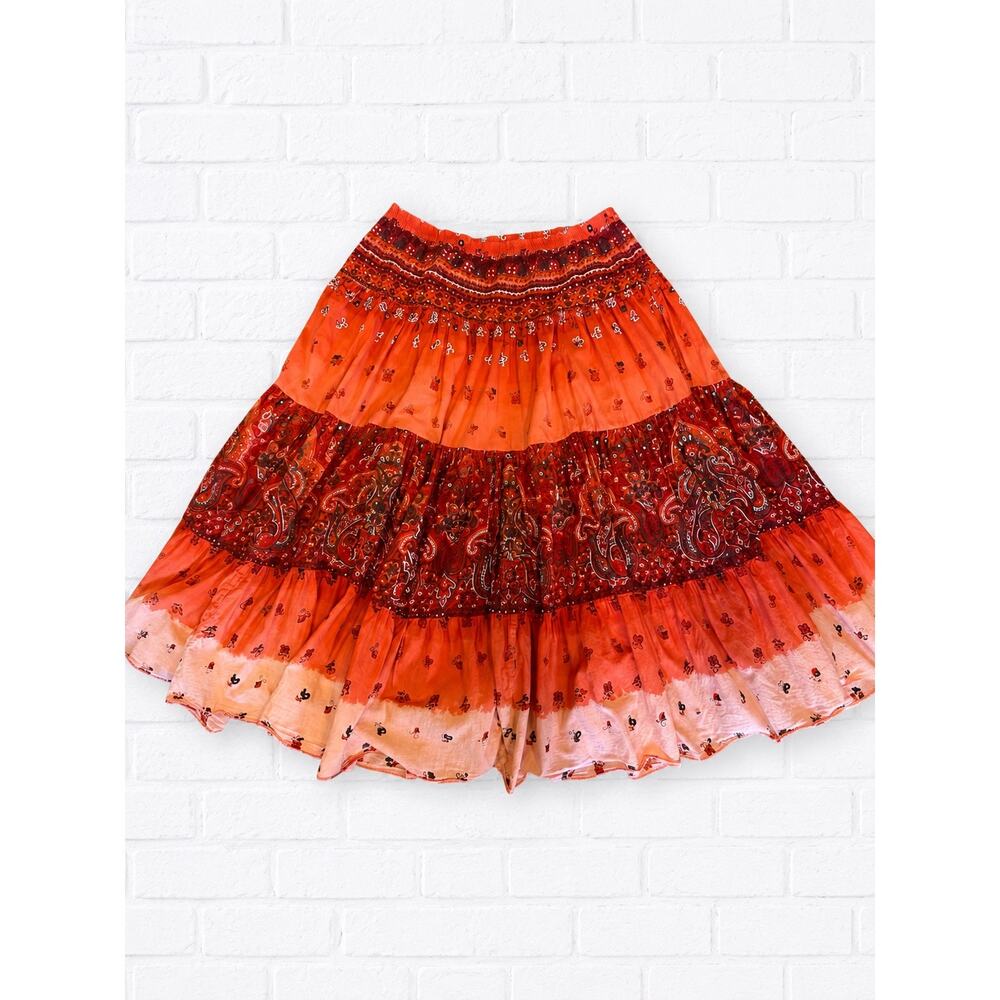 Vintage Phool Tiered Maxi/Midi Skirt L Red Paisley Boho Cotton Prairie Hippie